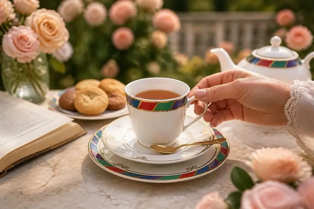 Pier 1 Celebration Cup Saucer Set With 7.5 in Plate White Porcelain Retired
